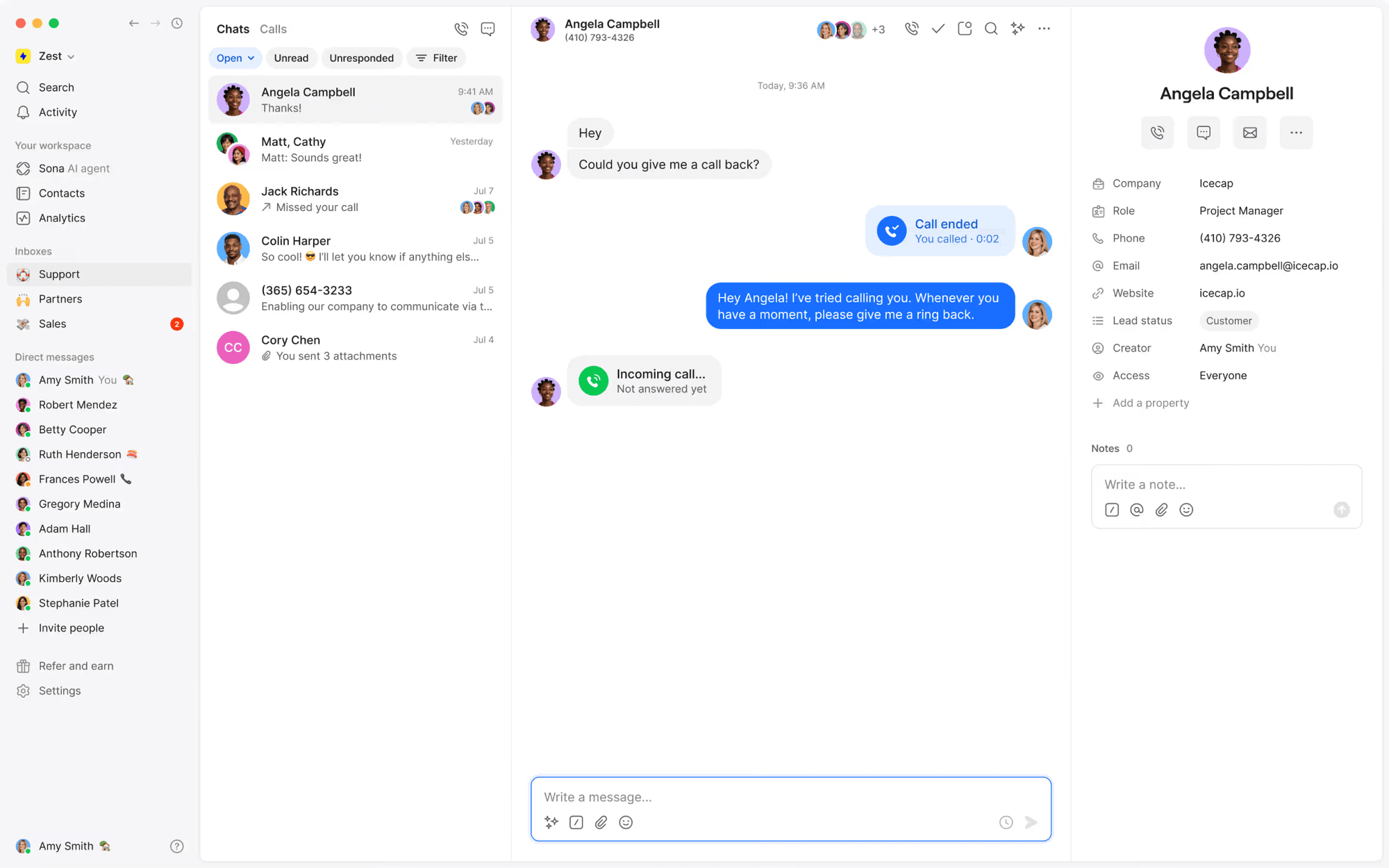 Vocal app showing calls, texts, and customer context in one workspace